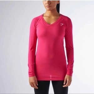 Gymshark T-Shirt Women's XS Pink Verve Long Sleeve V-Neck Balletcore Athleisure